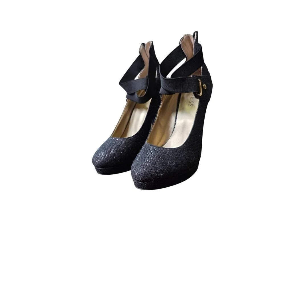 Guess Black‎ Glitter Fabric Platform Heels With Back Zipper & Ankle Strap 8.5M